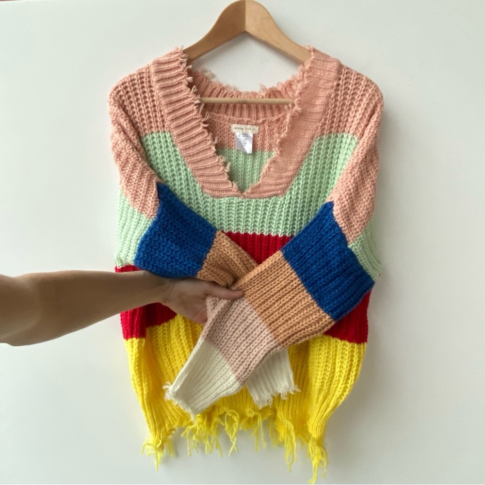 Main Strip : Rainbow Knit Fun Boho Frayed Hem Knit Sweater : Small - Picture 4 of 6